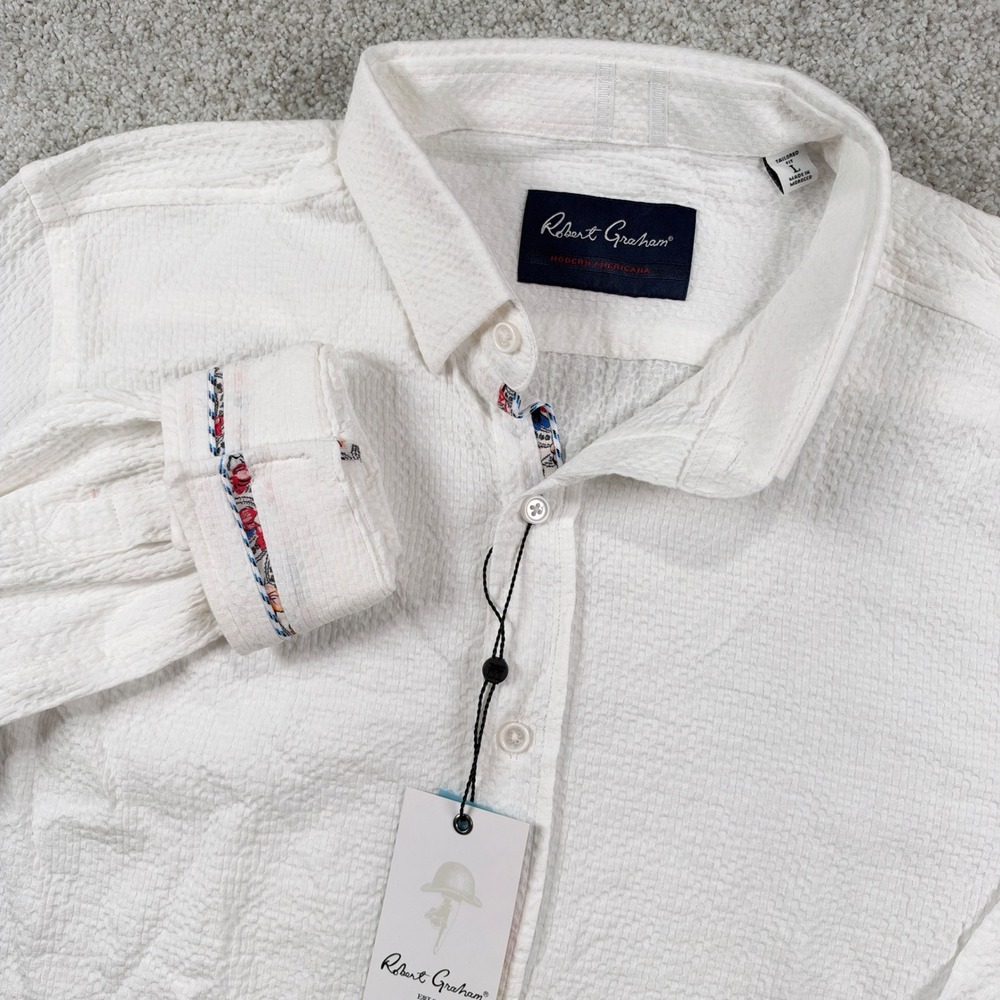 NEW Robert Graham Reid Shirt Mens Large White Seersucker Tailored Fit